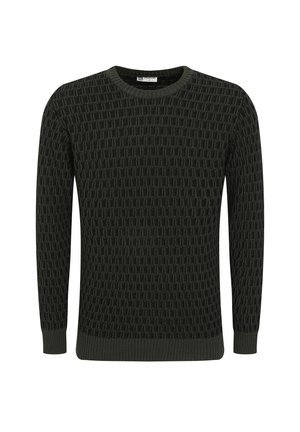 Dunkelgrüner Strickpullover mit strukturiertem Muster, Rundhalsausschnitt und langen Ärmeln. Rippstrickbündchen und Saum sorgen für Struktur.