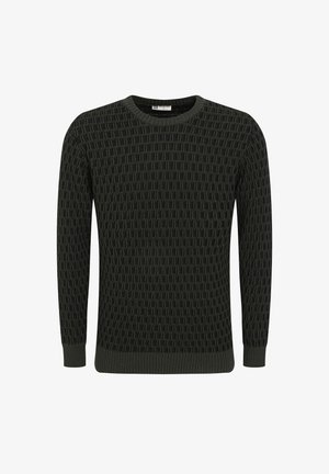 Tumši zaļš adīts džemperis ar teksturētu rakstu, apaļu kaklu un garām piedurknēm. Ribotas aproces un apakšdaļa piešķir struktūru.