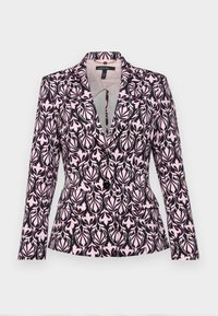 Blazer with a dark purple and pale pink leaf pattern, featuring a notch lapel, two front pockets, and a fitted silhouette.