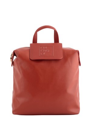 Red faux leather backpack with a top handle and embossed "FRIENDLY" logo. Features a zipper closure and smooth texture.