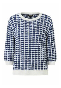Navy- und weißer gestrickter Pullover mit strukturiertem Muster, Rundhalsausschnitt und geripptem Saum. Verfügt über Dreiviertelärmel und eine lockere Passform.