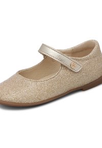 Złote buty Mary Jane z błyszczącą siateczką, pojedynczym regulowanym paskiem oraz miękką, teksturowaną wkładką. Płaska podeszwa z małym obcasem.