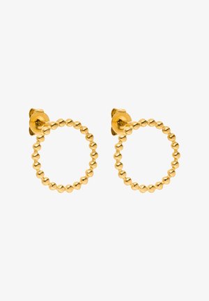 Goldene Creolen mit einem Perlenmuster. Kreisförmig mit kleinen, gleichmäßig verteilten Perlen, gesichert mit einem Steckverschluss.