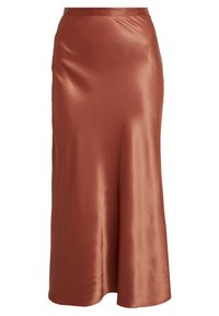 Jupe midi en satin dans une teinte orange brûlée. Présente une texture lisse et brillante, avec une silhouette A-line subtile. Se termine au niveau de la cheville.