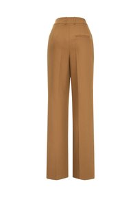 Pantalon à jambes larges de couleur marron chaud, confectionné en tissu texturé. Caractérisé par une taille haute, des passants pour ceinture et une unique poche arrière.