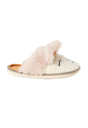 Minkšta balta mezgta šlepetė su uždaru pirštu, rožinė pūkuota apdaila, siuvinėtomis užmerktomis akimis ir slip-on tipo padu.