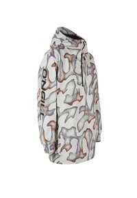 Pullover-Hoodie aus leichtem Material mit einem mehrfarbigen Camouflage-Muster, ausgestattet mit einer Kapuze mit Kordelzug und einem aufgedruckten Logo am Ärmel.