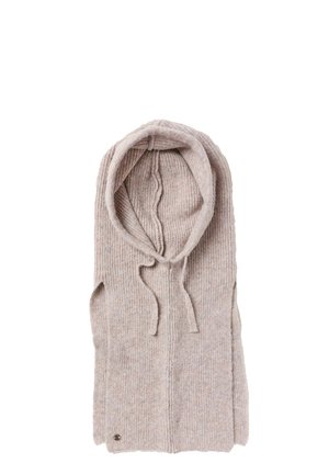 Bufanda beige tejida con capucha y cordones, diseñada para calidez y estilo, mostrada plana sobre un fondo blanco.