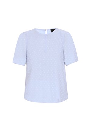  Lichtblauwe blouse met korte mouwen, voorzien van gestructureerde witte stippen, een ronde halslijn en een sleutelgatsluiting aan de achterkant. Glad materiaal en een ontspannen pasvorm.