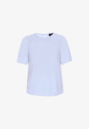 Hele sinine lühikeste varrukatega pluus, millel on tekstuuriga valged jaanalinnupunktid, ümmargune dekoltee ja sleuteluku tagaosas. Sile kangas ja mugav lõige.