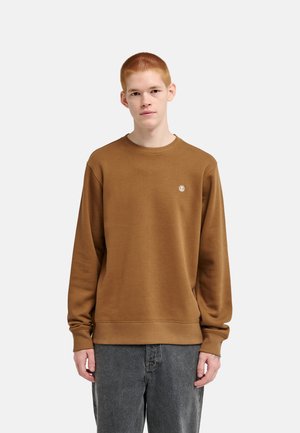 Jeune homme aux cheveux roux courts portant un sweat-shirt marron col rond et un jean gris, debout devant un fond blanc uni.