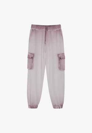 Joggers cargo sfumati viola chiaro con elastico in vita, coulisse, tasche laterali con pattina e polsini elasticizzati.