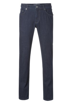 Donkerblauwe denim jeans met een slim fit. Voorzien van vijf zakken, sluiting met een voorknop en standaard stiksel langs de naden.