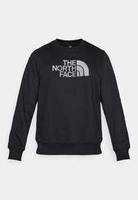 Sweatshirt negru dintr-un amestec de bumbac, cu un guler rotund, mâneci lungi și un logo alb proeminent cu accente curbate pe piept.