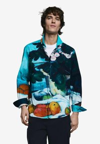 Farebná košeľa na zapínanie s výrazným, maľovaným ovocným a kvetinovým motívom, prevažne v modrých a zelených farbách, s upraveným golierom a manžetami.