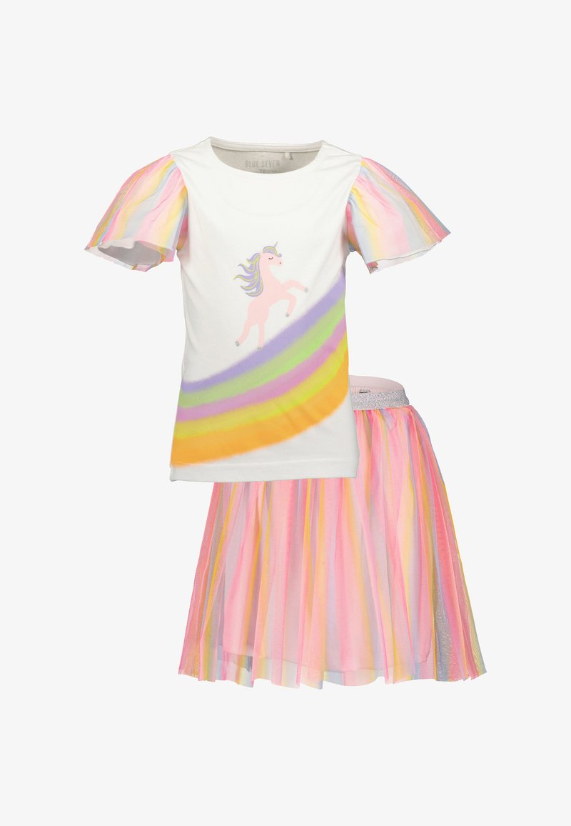Biały bawełniany T-shirt z krótkimi, warstwowymi rękawami w pastelowych kolorach tęczy oraz grafiką jednorożca, zestawiony z różową, wielowarstwową spódnicą z tiulu.