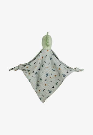 Soft cotton baby blanket in pale green with plush animal head. Features a quilted texture and colorful animal print on the fabric.