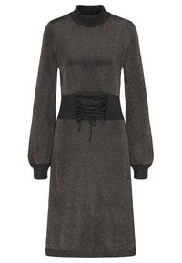 Robe en tricot gris à manches longues avec un col montant et une taille côtelée, dotée de détails lacés et de manches ballon.