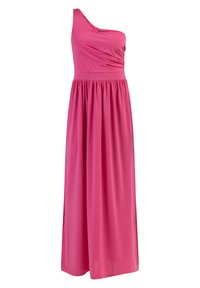 Ein trägerloses, pinkes Maxikleid aus weichem Stoff mit Raffung am Oberteil und einem fließenden Rock. Keine auffälligen Muster oder Akzente.