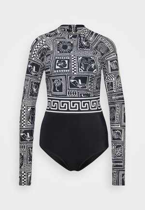 Langarm zwempak in zwart met witte grafische patronen. Heeft een hoge nek en een slank silhouet. Ritsluiting aan de achterkant.