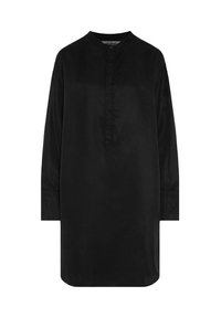 Schwarzes, langärmliges Tunikahemd aus glattem Stoff, mit Mandarin-Kragen und einer Knopfleiste. Einfaches, minimalistisches Design.