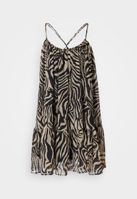 Vestido de estampado de cebra en negro y beige, hecho de una tela ligera. Presenta tirantes finos, un escote fruncido y un dobladillo escalonado.