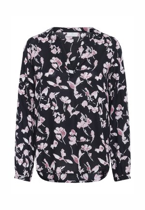 Bluse med blomster mønster i sort med pink og hvide blomster. Har V-udskæring, lange ærmer og en let buet kant. Letvægts stof.