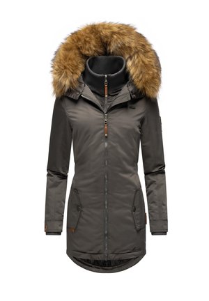 Gray jacket with a faux fur hood, zip closure, two front pockets, and ribbed cuffs. Smooth texture with a longer back hem.
