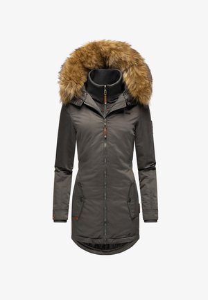 Halli jakk, millel on vale karvadega kapuuts, tõmblukk, kaks esmost taskut ja soonikkoes varrukad. Sujuv tekstuur ja pikem tagumine äär.