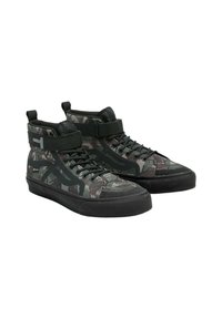 Sneaker alte nere con motivo camouflage, dotate di tomaia in tessuto testurizzato, punta rinforzata, colletto imbottito e suola in gomma.