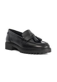Black leather loafers with a rounded toe, tassel accent, and a thick, ridged sole. The design features a smooth surface and stitched detailing.