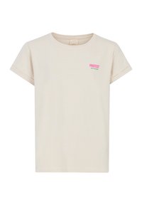 Camiseta de manga corta en color crema, hecha de algodón. Presenta un logo en rosa y verde de "PROTEST" en el lado izquierdo. Diseño simple y casual.