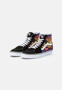 High-top sneakers with black suede material, multicolored geometric patterns, white laces, and rubber soles with black and white accents.