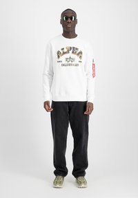 Felpa bianca con la scritta "ALPHA" stampata in caratteri colorati, abbinata a pantaloni neri e sneakers verde chiaro, con un'etichetta rossa sulla manica.