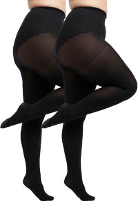 Zwarte ondoorzichtige panty's met een hoge tailleband, voorzien van een gestructureerd kanten ontwerp aan de bovenkant. Glad oppervlak, duurzaam materiaal en met voet.