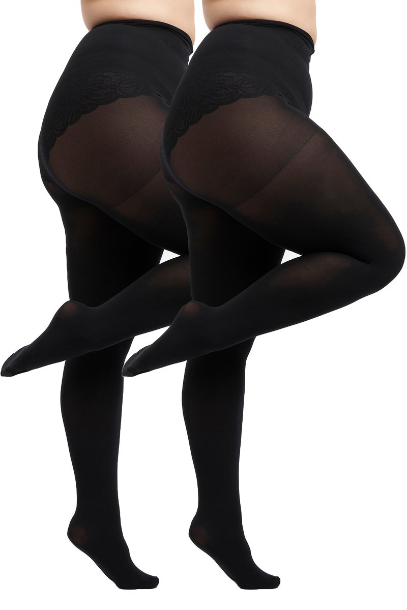 Zwarte ondoorzichtige panty's met een hoge tailleband, voorzien van een gestructureerd kanten ontwerp aan de bovenkant. Glad oppervlak, duurzaam materiaal en met voet.