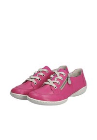 Pink leather shoes featuring gray laces, a side zipper detail, and a white rubber sole. Rounded toe design with stitch accents.