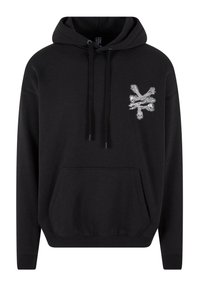 Sudadera negra de tejido de mezcla de algodón con bolsillo frontal, capucha con cordón y un diseño de calavera plateada en el lado izquierdo del pecho.