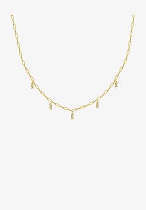 Guld kæde med aflange led og fem spiral-dekorerede charms jævnt fordelt langs længden.