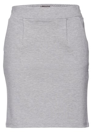 Grauer Bleistiftrock aus weichem, dehnbarem Stoff. Verfügt über zwei vordere Taschen und ein tailliertes Design, mit einer glatten Textur und ohne zusätzliche Verzierungen.