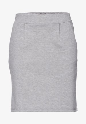 Falda lápiz gris hecha de una tela suave y elástica. Presenta dos bolsillos delanteros y un diseño ajustado, con una textura lisa y sin adornos adicionales.