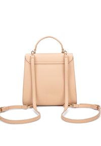 Borsa a mano in pelle beige con forma strutturata, doppio manico e tracolla removibile; presenta una texture liscia e un lieve dettaglio di cucitura.