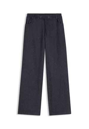 Pantaloni in denim neri a gamba larga con vita elastica e coulisse, dotati di tasche frontali.