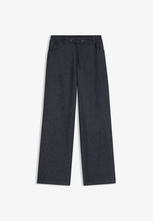 Black wide-leg denim pants with elastic waistband and drawstring, featuring front pockets.