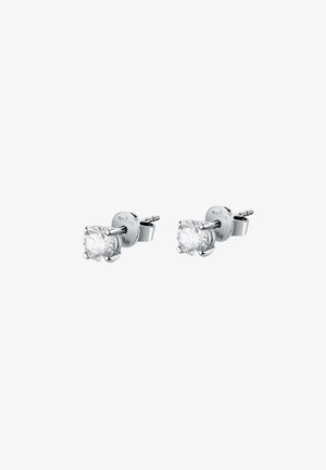 Orecchini a bottone in argento sterling con pietre rotonde in zirconia cubica trasparente incastonate in montature a quattro griffe, con una finitura lucida.