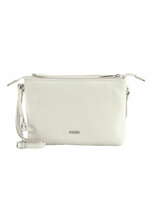 Petit sac bandoulière rectangulaire en cuir blanc avec une sangle réglable, une fermeture à double fermeture éclair, et une plaque logo de marque argentée à l'avant.