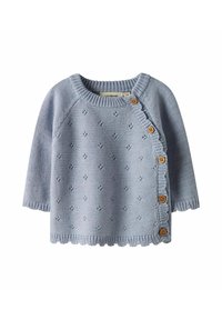 Gaiši zilā adīta džemperis ar īsām piedurknēm, vilnis formas apakšmala un koka pogas gar sānu; visa virsma ar fakturētām detaļām.