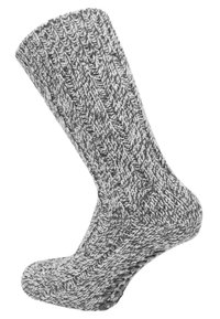 Graue gestrickte Socke mit gerippter Textur, gefertigt aus einer Mischung aus dunklen und hellen Grauton-Garnen; knöchelhoch mit abgerundetem Zehenbereich.