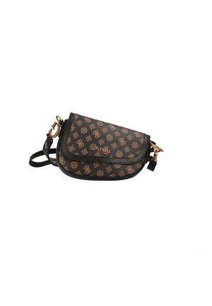 Compacte bruine en zwarte Guess crossbodytas met gouden logo, patroon van cirkels en letters, en verstelbare band met gouden hardware.