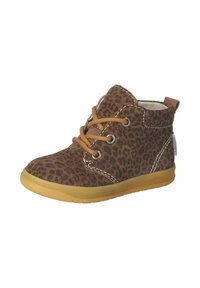 Botas de tobillo con estampado de leopardo marrón, punta redonda, cordones de contraste y suela de goma. Presentan costuras blancas y un forro interior suave.